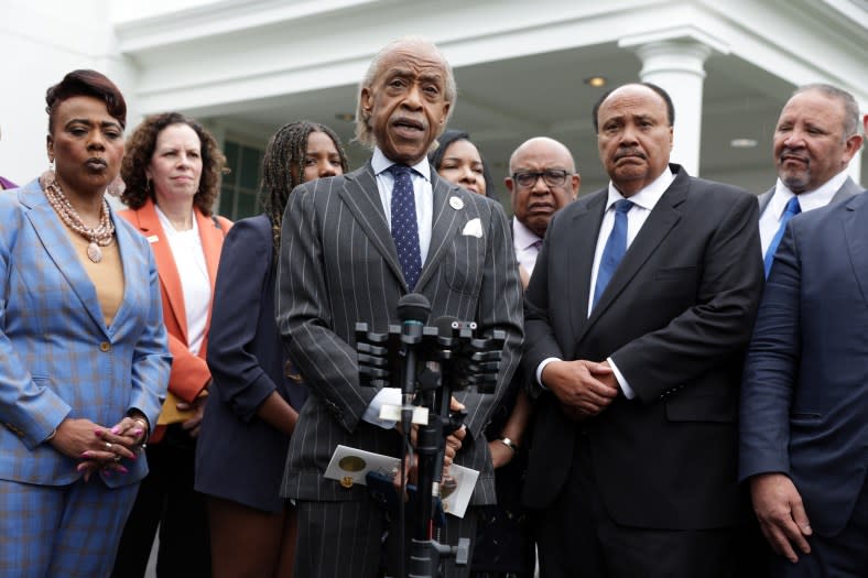 The Rev. Al Sharpton (center) said the “only conclusion” from the lawsuit against the Fearless Fund is that the right-wing movement backed by sympathetic judges “don’t want Blacks to exist, lifting themselves up or getting social programs.” Above, Sharpton gathered in August with members of the Martin Luther King Jr. family and other organizers of the 60th anniversary of the March on Washington. (Photo by Alex Wong/Getty Images)