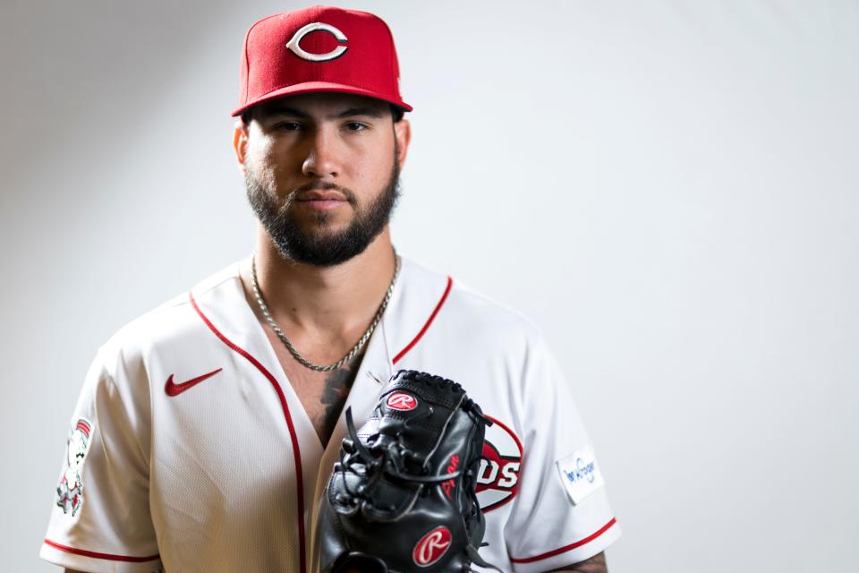 Cincinnati Reds starting pitcher Lyon Richardson (72) poses for the annual picture day photo at the Cincinnati Reds Player Development Complex in Goodyear, Ariz., on Tuesday, Feb. 21, 2023.