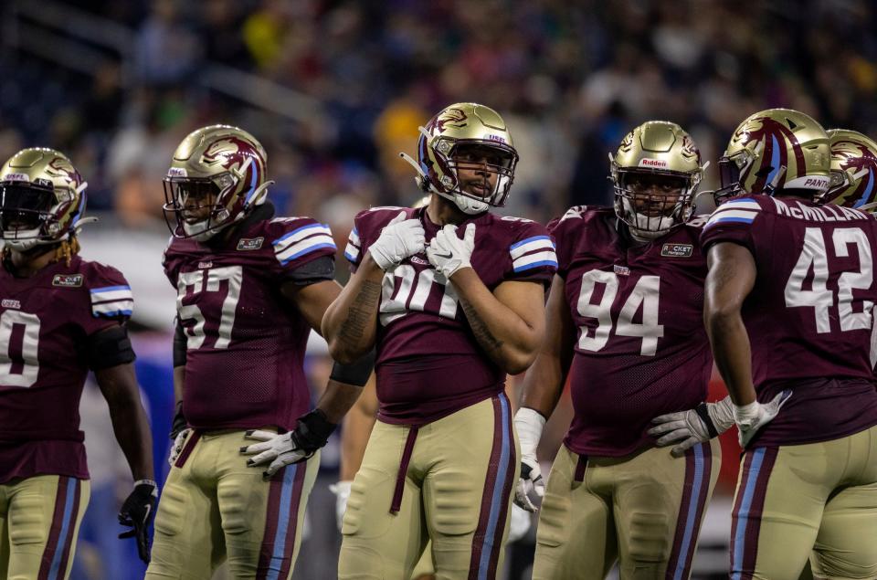 Michigan Panthers' Ethan Westbrooks (90) stands alongside other defenders during a game against the Birmingham Stallions offense at Ford Field in Detroit on Saturday, May 20, 2023. 