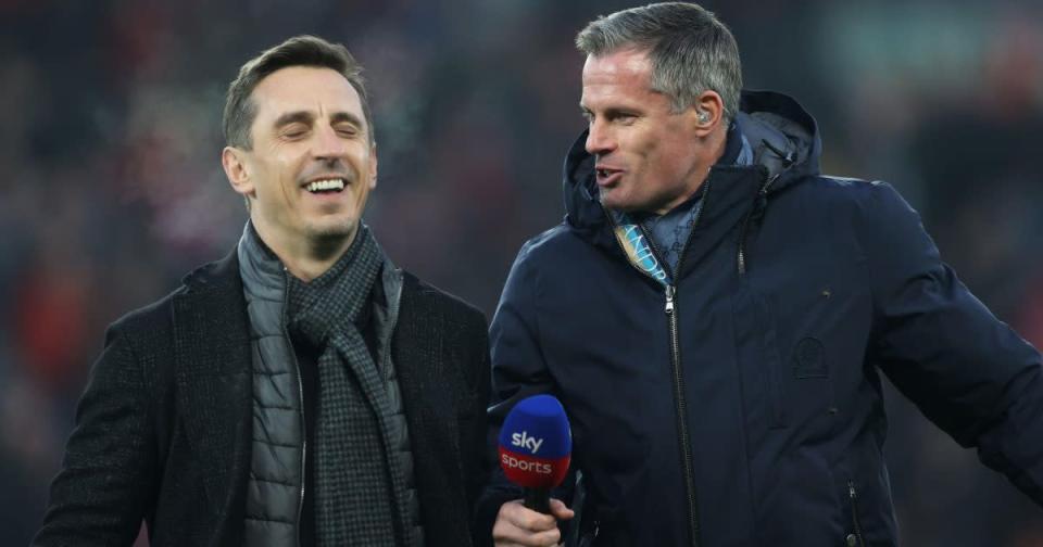 Gary Neville jokes with Jamie Carragher Credit: PA Images