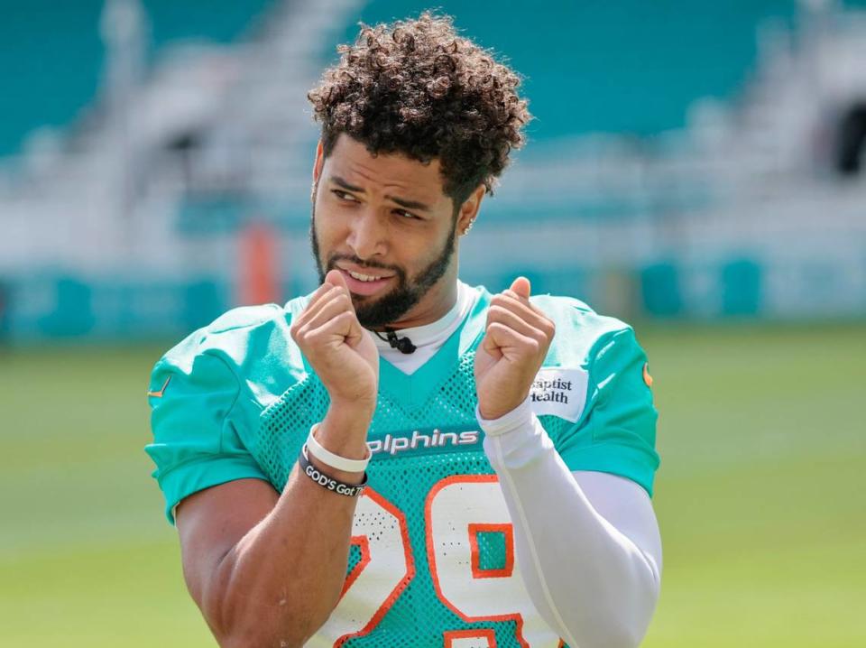 Miami Dolphins safety Brandon Jones (29) gestures during a media interview at Baptist Health Training Complex in Miami Gardens on Wednesday, October 12, 2022.