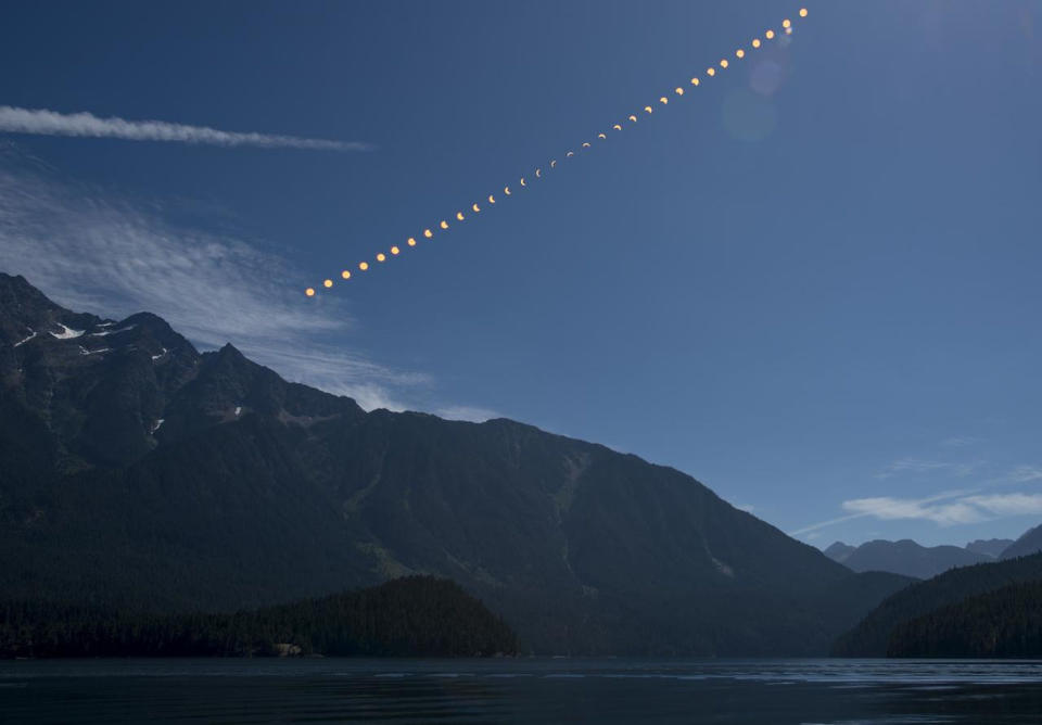 A view of the Aug. 21, 2017, total solar eclipse over Ross Lake in Washington's North Cascades National Park. <cite>Bill Ingalls/NASA</cite>