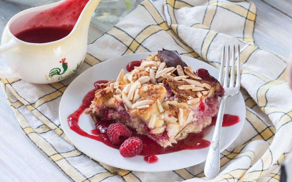 <p>Parade</p><p>Take the stress out of serving something special next Sunday—or at any brunch—with this sweet, rich strata. Similar to a bread pudding, it easily comes together the night before.</p><p><strong>Get the recipe: <a href="/841292/parade/easter-sunday-special/" data-ylk="slk:Lemon-Almond Strata with Fresh Raspberries;elm:context_link;itc:0;sec:content-canvas" class="link ">Lemon-Almond Strata with Fresh Raspberries</a></strong></p>