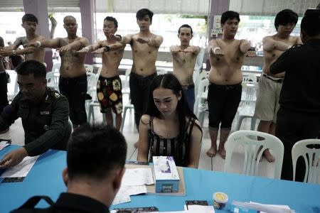 A transgender sits as she waits for her documents during an army draft held at a school in Klong Toey, the dockside slum area in Bangkok, Thailand, April 5, 2017. REUTERS/Athit Perawongmetha