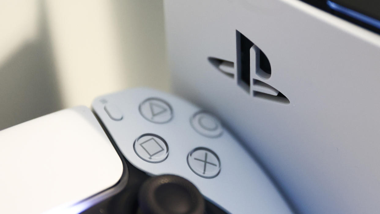  Sony PlayStation 5 close-up of console and DualSense controller. 