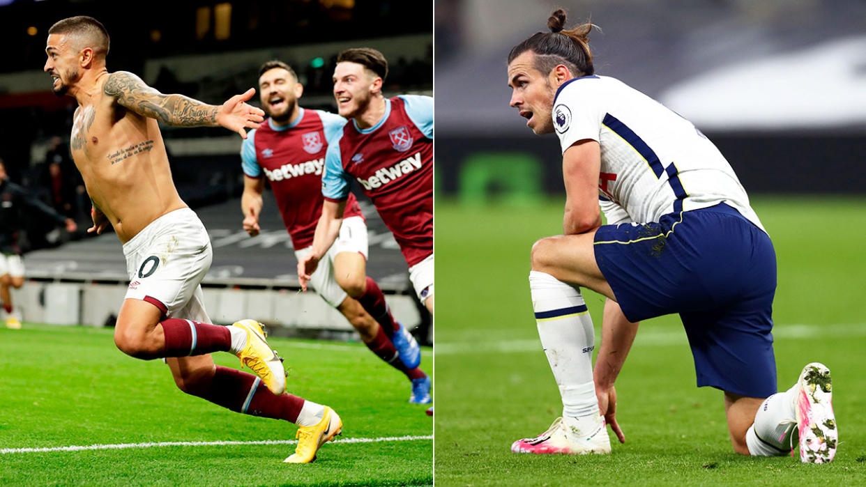 Pictured here, West Ham players celebrate as Tottenham's Gareth Bale looks on in disappointment.