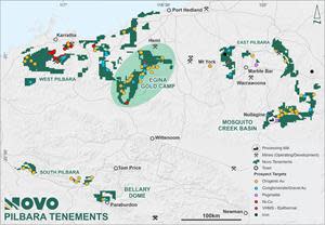 Novo’s Pilbara tenure, showing location of > 80 km strike extent Egina Gold Camp