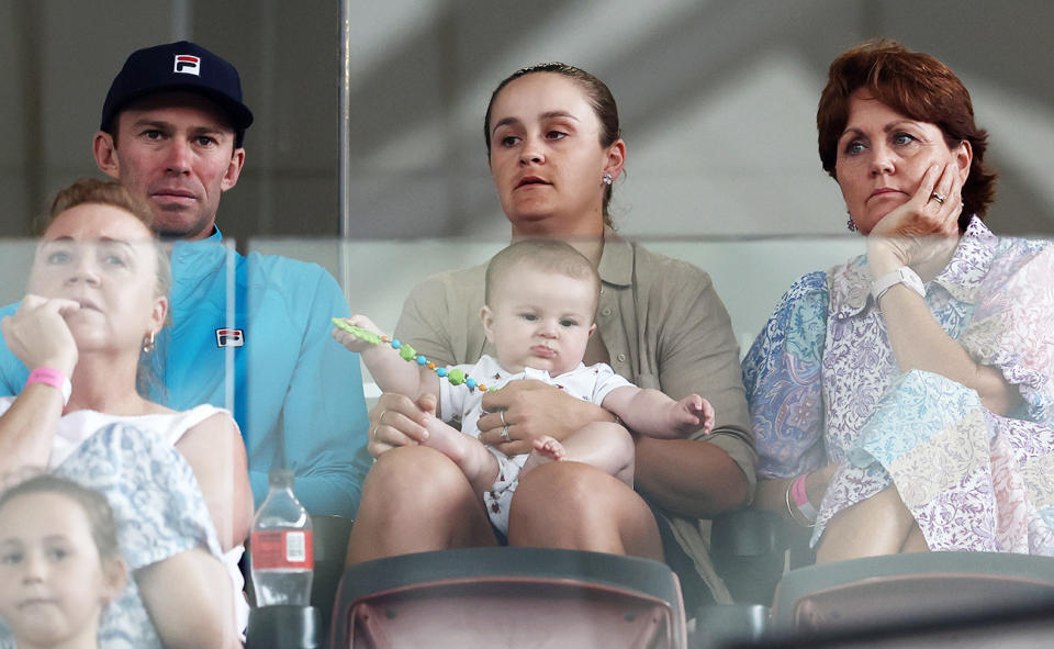 Ash Barty, pictured here with baby boy Hayden at the Brisbane International. 