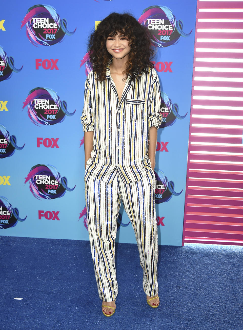 <p>For the 2017 Teen Choice Awards, Zendaya proved pyjama-dressing is back for a second season as she donned a striped number by Ashish. <em>[Photo: Getty]</em> </p>