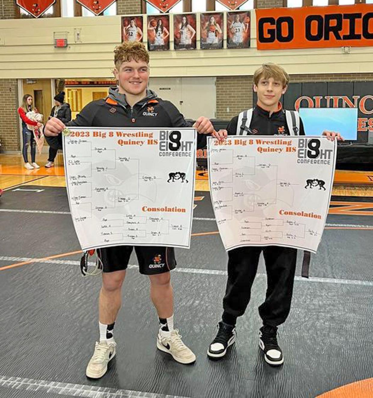 The Quincy Orioles had two Big 8 conference champs on Saturday as Davin George (left) took the 190 pound weight class while Chayse Jensen (right) won at 106 pounds