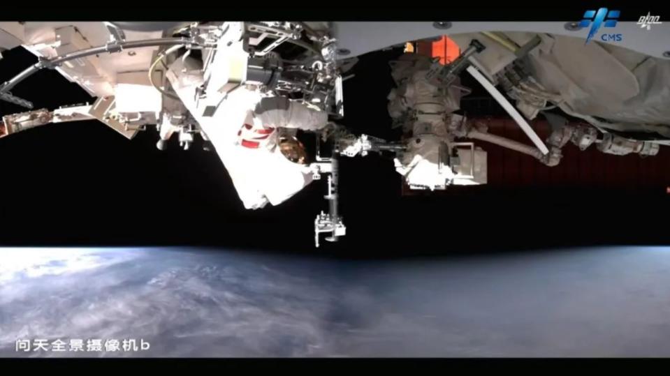 A Shenzhou 15 astronaut performs the mission's second spacewalk outside the Tiangong space station, apparently in late February 2023. (China has not specified the date on which the activity took place.)