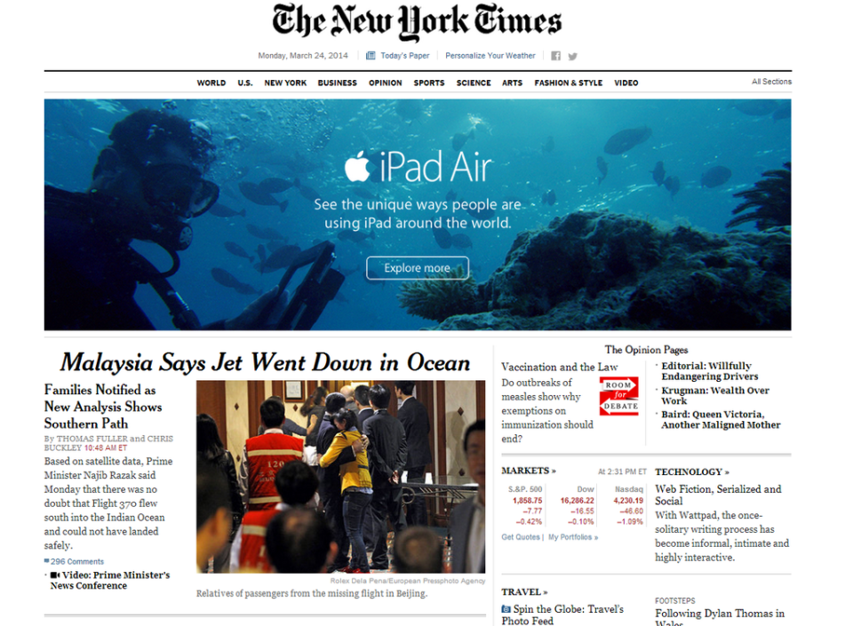 Bei diesem großen Werbe-Banner von Apple geht die eigentliche und vor allem schreckliche Meldung der Seite, dass Malaysia Airlines den Absturz einer Maschine mitten ins Meer bestätigt, fast unter. Das Unterwasserpanorama ist in diesem Zusammenhang jedenfalls kein gelungener Hingucker.