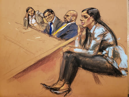 (L-R) Defense attorney Mariel Colon, accused Mexican drug lord Joaquin "El Chapo" Guzman, defense attorney A. Eduardo Balarezo and Joaquin Guzman's wife Emma Coronel Aispuro, sit in court in this courtroom sketch during Guzman's trial in Brooklyn federal court in New York City, U.S., January 30, 2019. REUTERS/Jane Rosenberg