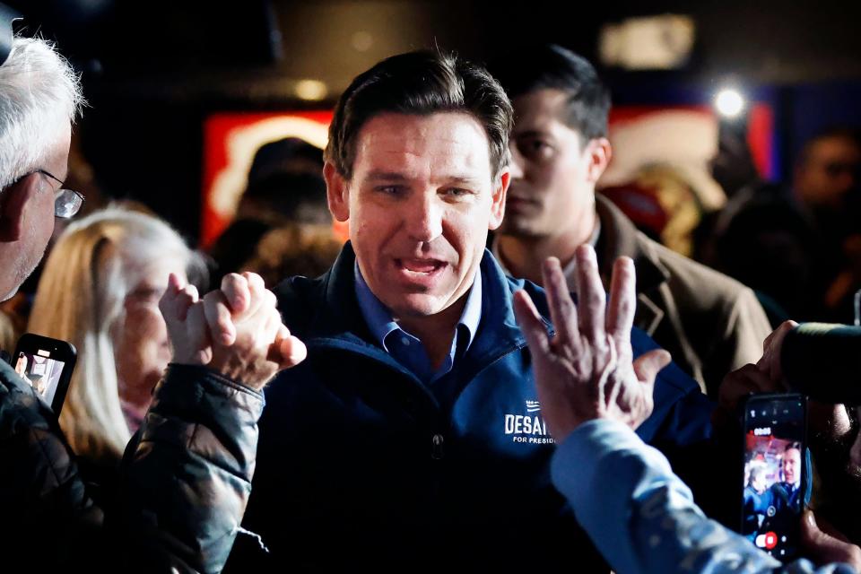Republican presidential candidate Florida Gov. Ron DeSantis arrives for a campaign event at Wally's bar, Wednesday, Jan. 17, 2024, in Hampton, N.H.
