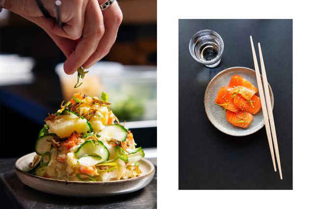 <p>Cedric Angeles</p> From left: Japanese-style potato salad with niboshi at Bar Sukeban, in the Uptown neighborhood; Ora King salmon sashimi at Bar Sukeban.