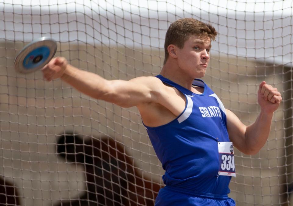 Stratford's Bryce Braden competes in the Class 2A discus during the UIL State Track and Field meet, Friday, May 13, 2022, at Mike A. Myers Stadium in Austin.