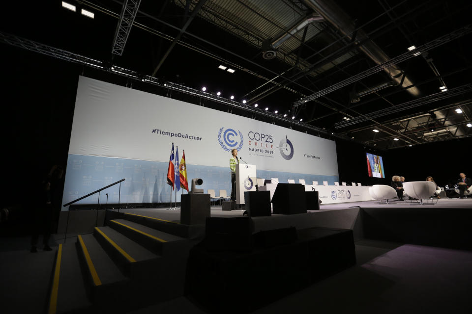 Swedish climate activist Greta Thunberg addresses plenary of U.N. climate conference during with a meeting with leading climate scientists at the COP25 summit in Madrid, Spain, Wednesday, Dec. 11, 2019. Thunberg is in Madrid where a global U.N.-sponsored climate change conference is taking place. (AP Photo/Paul White)