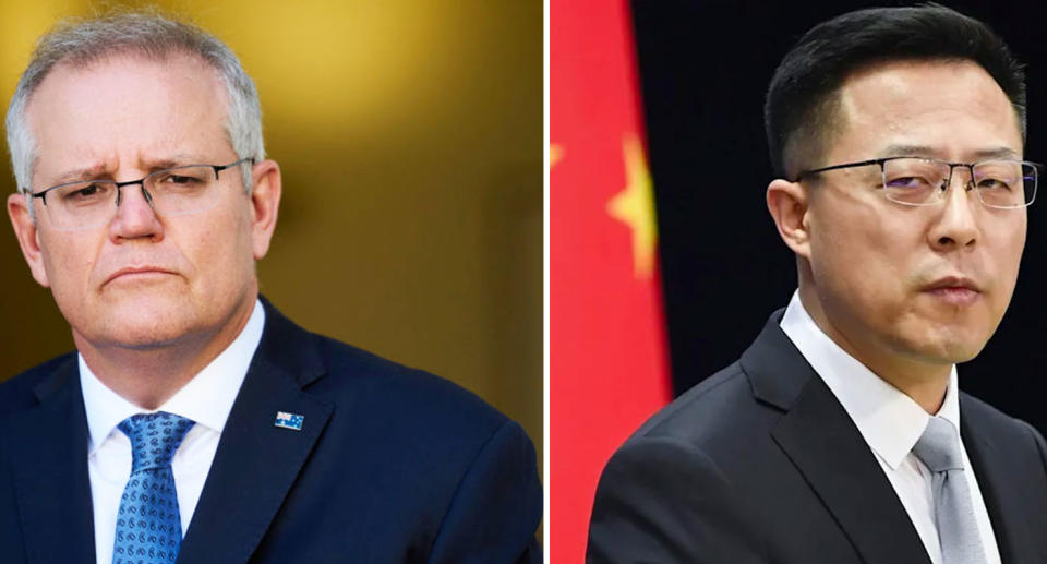 China's foreign ministry spokesperson Zhao Lijian pictured right at a press conference. Prime Minister Scott Morrison in a navy suit (left)