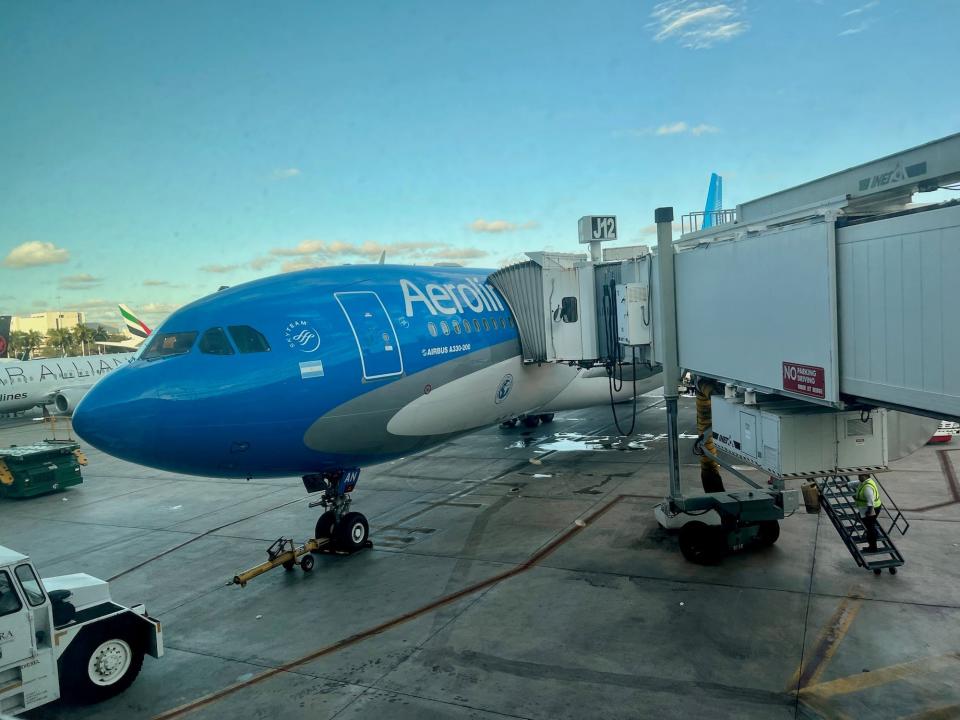 My blue Aerolineas A330 at the gate in Miami.