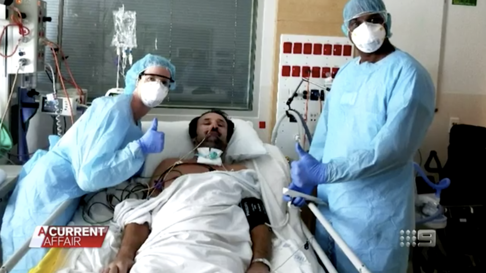 Damion Miller is pictured in a hospital bed. He was left a quadriplegic after an accident at Newport Beach.