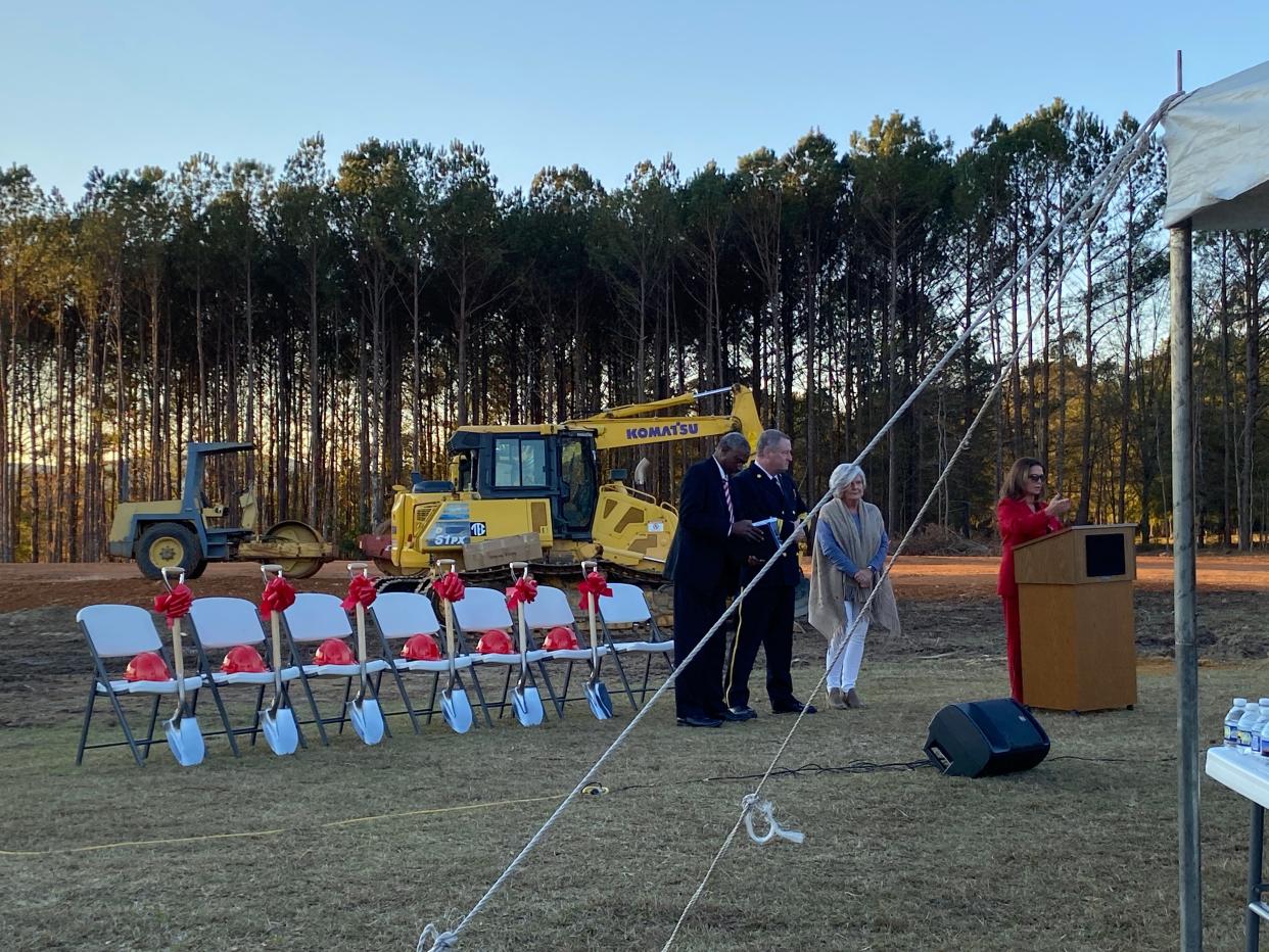 Mayor Dana Snyder spoke to those gathered Nov. 16 for groundbreaking at the new Southside Fire Station, as USDA Alabama Director Nivory Johnson, Southside Fire Chief Wade Buckner and council member Genny Ball stand by.