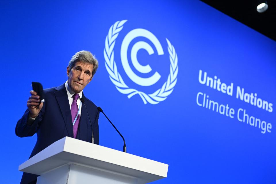 U.S. climate envoy John Kerry delivers a speech as part of the World Leaders' Summit of the U.N. Climate Change Conference in Glasgow, Scotland, on Tuesday.