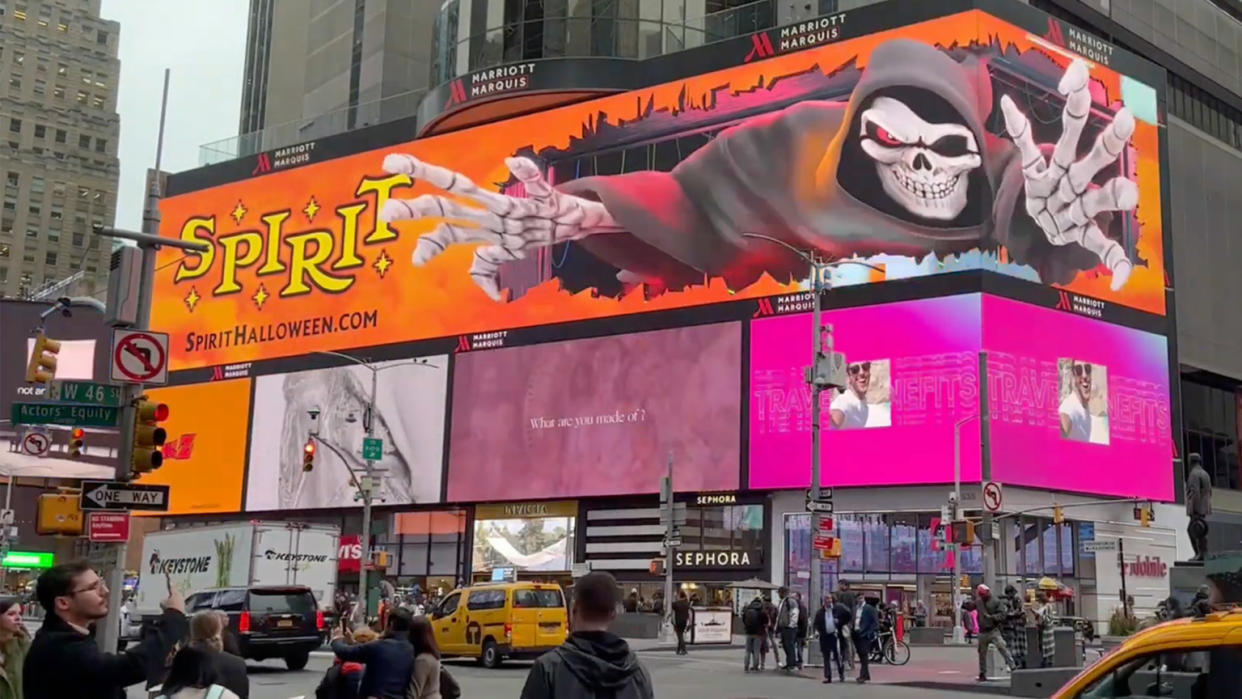  The 3D billboard in Times Square for Spirit Halloween stores spooks passersby. . 