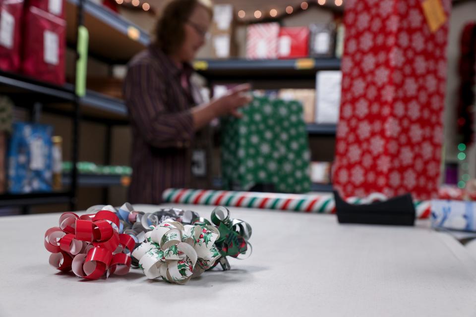 Volunteer-made bows for packages.