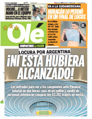 La une du quotidien sportif argentin “Olé” du 17 mars 2023.. Olé