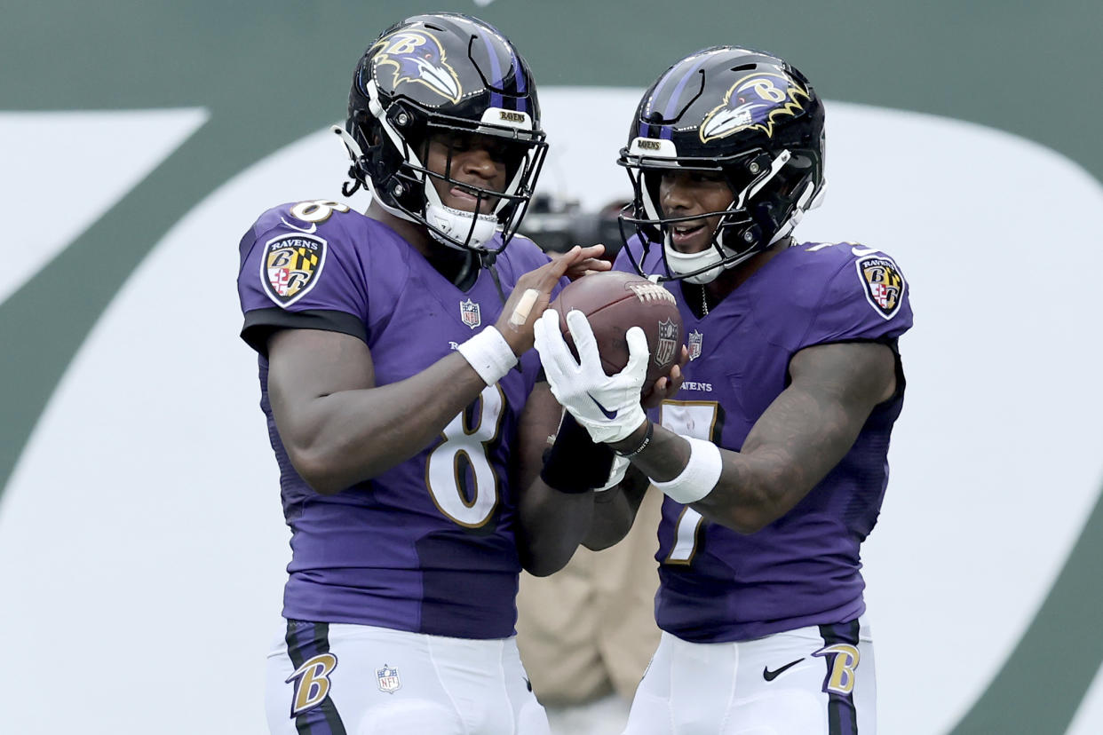 Rashod Bateman (7) mentioned Lamar Jackson, though not by name, in clapping back at comments made by Ravens general manager Eric DeCosta at the NFL combine. (Brad Penner/AP Images for Panini)