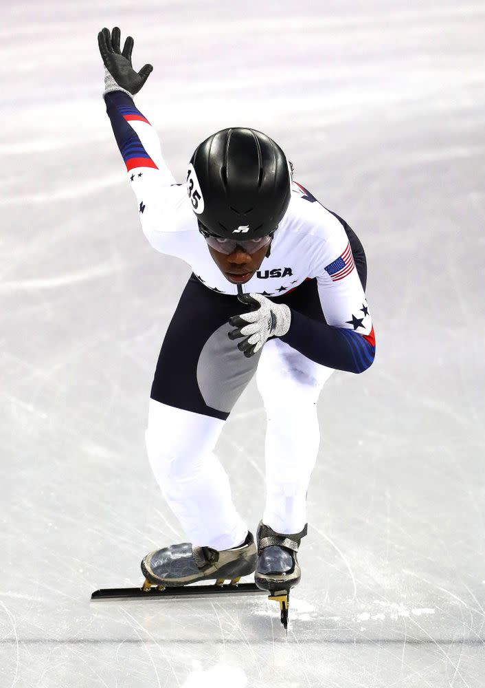 Speed skater Maame Biney competing in the 2018 Winter Olympics