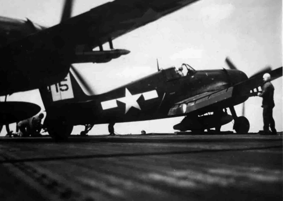 An F6F Hellcat of Fighter Squadron 45 prepares to take off from the USS San Jacinto on March 1, 1945.  Lt. Charles W. Wilson of Tecumseh was flying Hellcats from the San Jacinto during the time when this picture was taken.