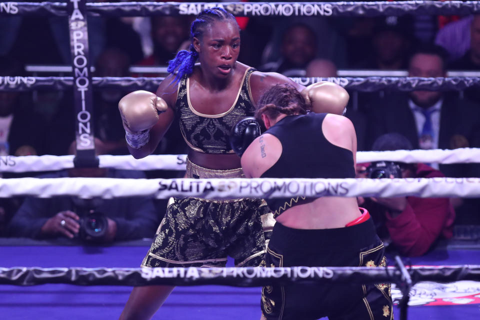 ATLANTIC CITY, NJ - JANUARY 10: Claressa Shields lands a left hand against Ivana Habazin during their fight on January 10, 2020 at Ocean Casino Resort in Atlantic City, New Jersey. (Photo by Edward Diller/Getty Images)