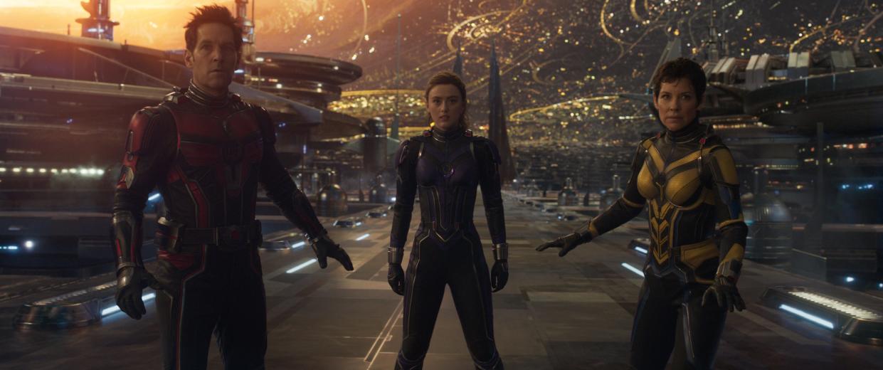 Paul Rudd, from left, Kathryn Newton and Evangeline Lilly take things even smaller in Marvel movie "Ant-Man and the Wasp: Quantumania."