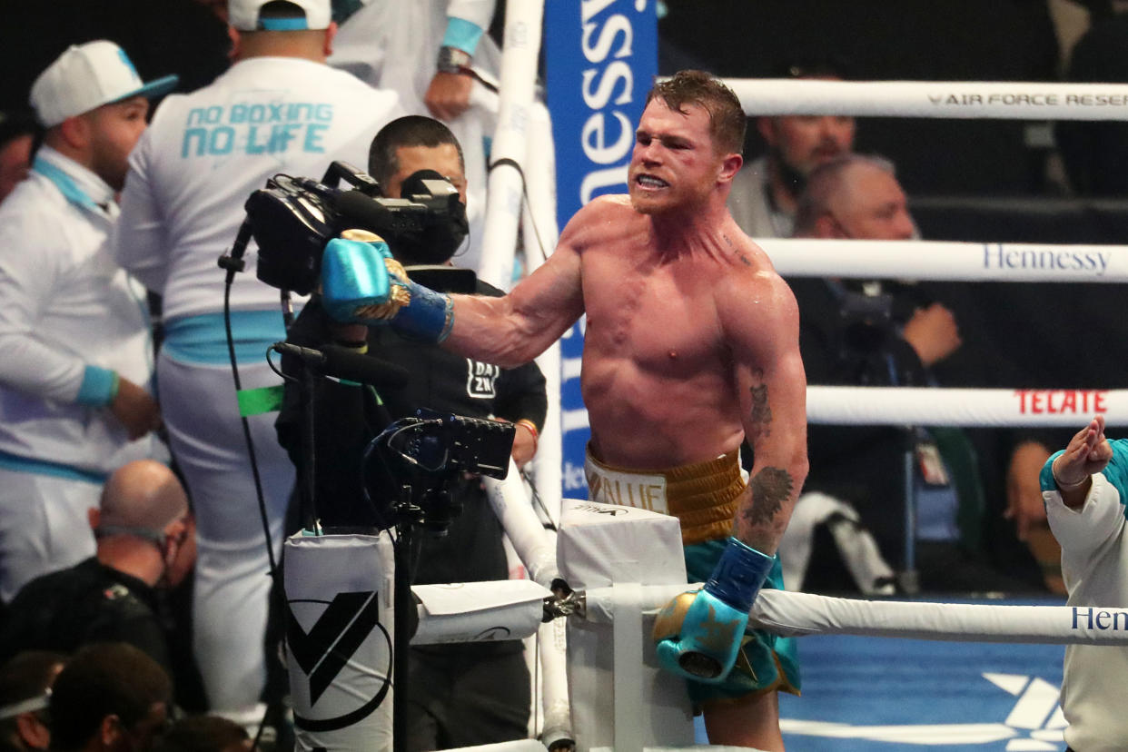 ARLINGTON, TX - MAY 08: Saul Canelo Alvarez celebrates his win against Billy Joe Saunders during WBC, WBA Super, WBO and Ring Magazine World Super-Middleweight unification at AT&T Stadium on on May 8, 2021 in Arlington, Texas. (Photo by Omar Vega/Getty Images)