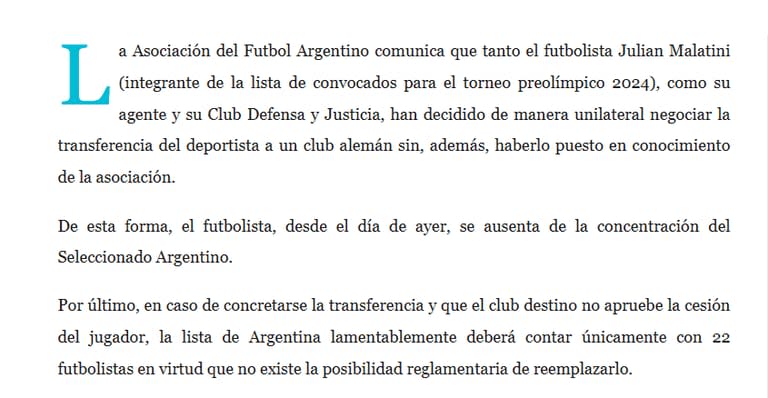 El comunicado de la AFA sobre la situación de Julián Malatini, que dejó la concentración