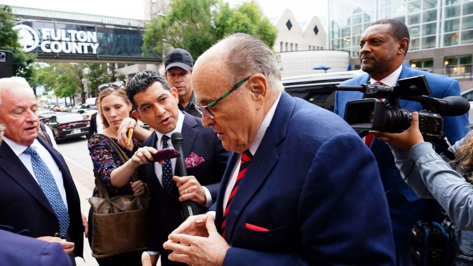 PHOTO: In this Aug. 17, 2023, file photo, Rudy Giuliani walks into the Fulton County Courthouse in Atlanta, honoring his subpoena to testify before the 23-person special grand jury aiding in the Fulton County district attorney's investigation. (John David Mercer-USA Today Network, FILE)