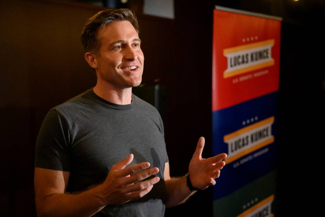 Democratic Senate hopeful Lucas Kunce thanks his supporters after conceding at a primary election watch party Tuesday, Aug. 2, 2022, in Kansas City, Mo. (AP Reed/Hoffmann)