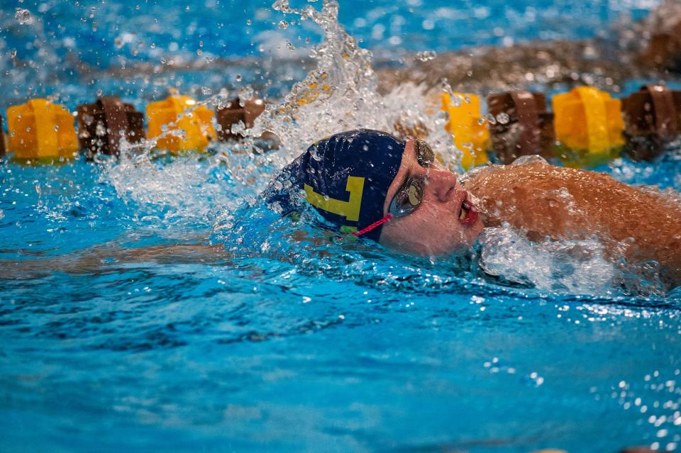 Lourdes' Alaina Kozak competes in the 500 meter freestyle during the Kingston and Our Lady of Lourdes girls swim meet at Kingston High School in Kingston, NY on Tuesday, October 10, 2023. KELLY MARSH/FOR THE POUGHKEEPSIE JOURNAL