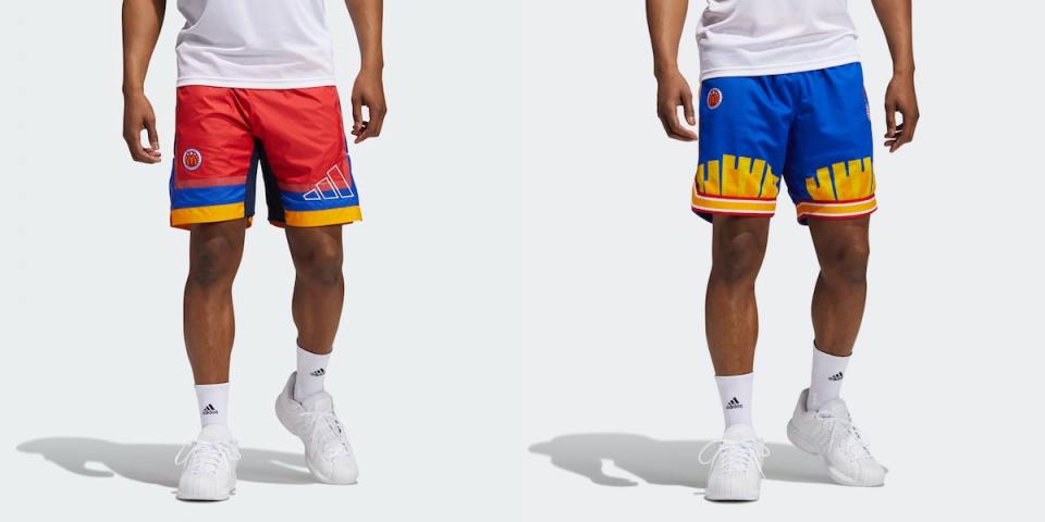 Side by side shots of men wearing McDonald's All American Games apparel from Adidas, one pair red the other blue