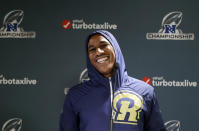 Los Angeles Rams cornerback Marcus Peters smiles during the NFL football team's news conference Wednesday, Jan. 16, 2019, in Thousand Oaks, Calif. The Rams face the New Orleans Saints in the NFC championship game Sunday. (AP Photo/Marcio Jose Sanchez)