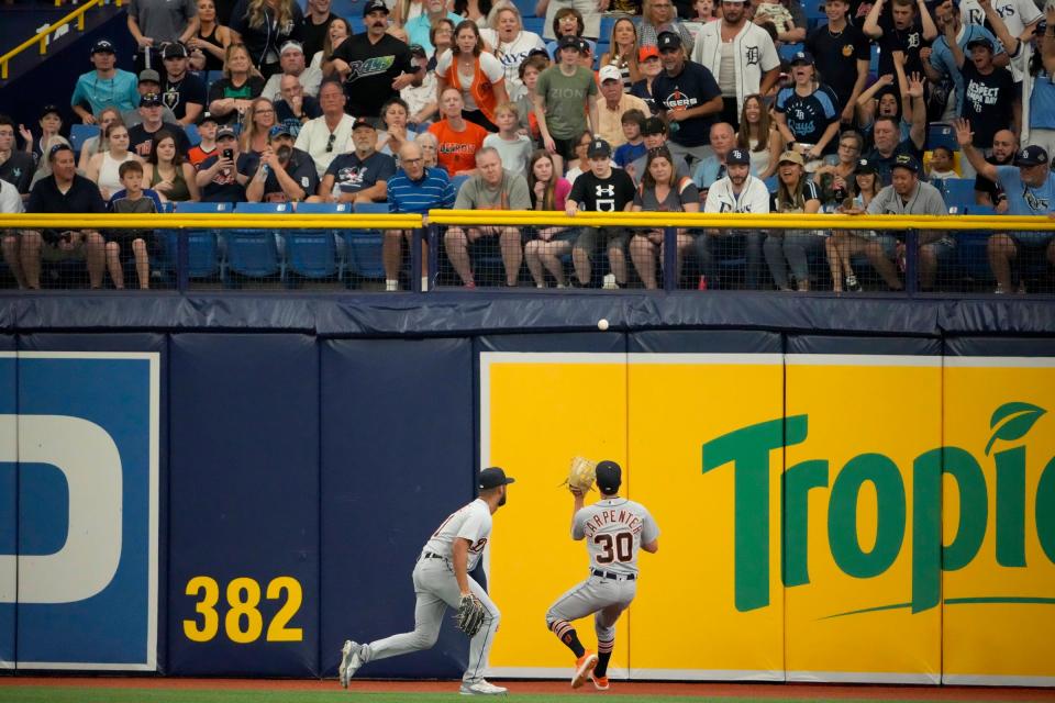 Detroit Tigers left fielder Kerry Carpenter (30) plays a ball off the wall in right field hit by Tampa Bay Rays left fielder Randy Arozarena (not pictured) during the first inning at Tropicana Field, April 1, 2023.