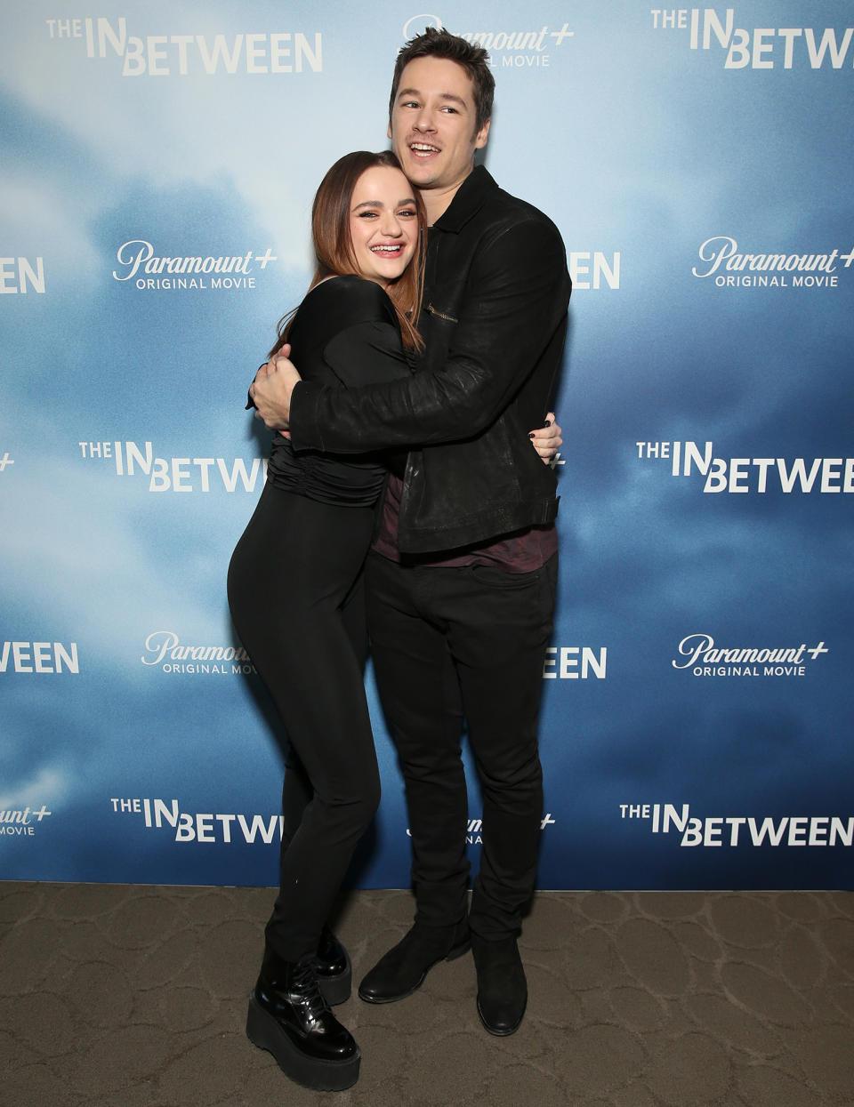 <p>Joey King and Kyle Allen share a hug at Paramount+'s <em>The In Between </em>press day at The London West Hollywood at Beverly Hills on Jan. 25.</p>