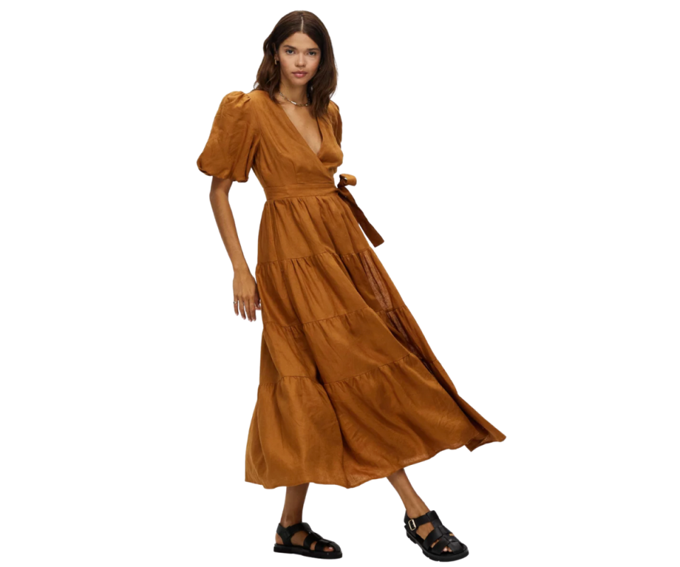 Model in brown maxi dress and black sandals