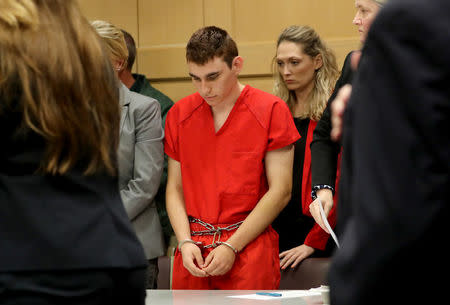 Nikolas Cruz, facing 17 charges of premeditated murder in the mass shooting at Marjory Stoneman Douglas High School in Parkland, appears in court for a status hearing in Fort Lauderdale, Florida, U.S. February 19, 2018. REUTERS/Mike Stocker/Pool