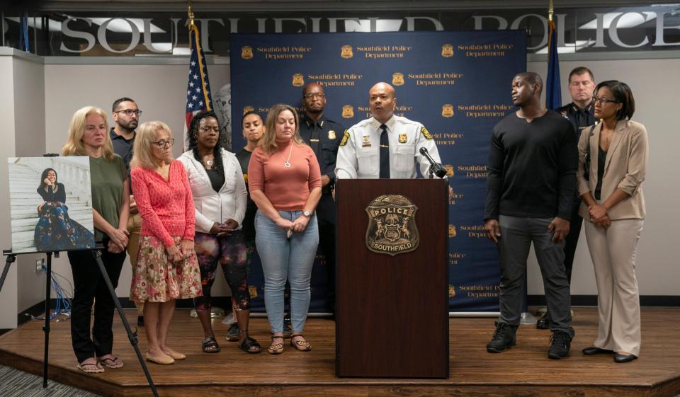 Surrounded by Mia Kanu's friends and family, Southfield Police Chief Elvin Barren holds a news conference on Thursday, Sept. 21, 2023, at Southfield Police Headquarters to clarify details around the death of 23-year-old Mia Kanu.