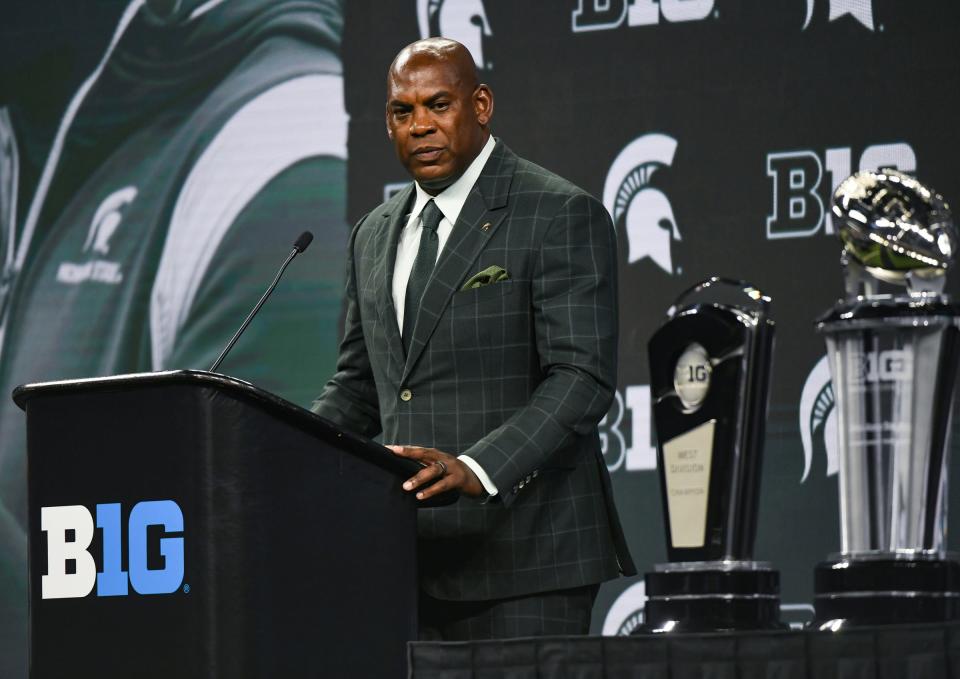 Michigan State coach Mel Tucker speaks to the media during the Big Ten football media day in Indianapolis on Wednesday, July 26, 2023.