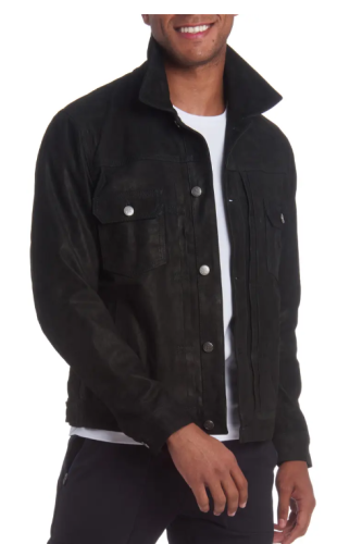 black leather snap front jacket
