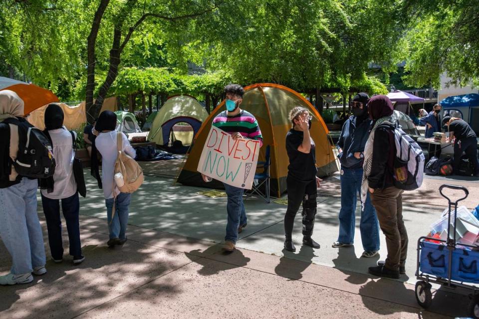 Pro-Palestinian activists set up tents on Monday, April 29, 2024 at Sacramento State to protest the war in Gaza. Students are asking the university to divest from investments in Israel. José Luis Villegas/jvillegas@sacbee.com
