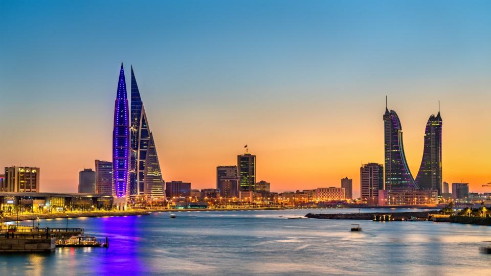 Skyline of Manama at sunset.